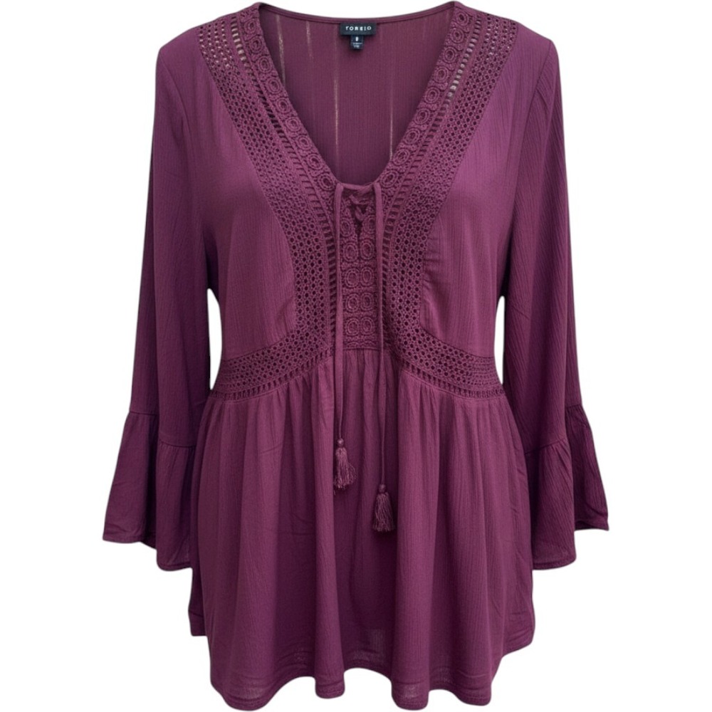 Torrid Winetasting Purple Gauze Lace Up Tassel Babydoll Top 3 3X 22-24 NEW